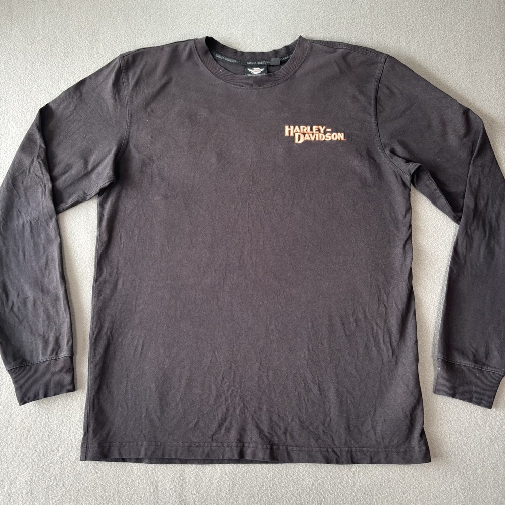 Harley Davidson Mens L Long Sleeve Shirt Black Embroidered Logo Biker Grunge Y2K
